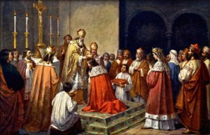 Opat Božetěch dává korunu králi Vratislavovi (obraz: Josef Mathauser)