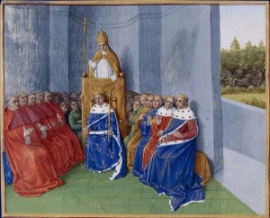 Papež Urban II. káže první křižové výpravě za přítomnosti Filipa I. (ilustrace z Velké francouzské kroniky, autor Jean Fouquet)